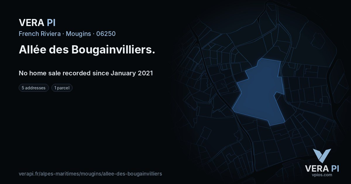 Allée des Bougainvilliers, Mougins at night – every parcel coloured by the prices around it, the street's own parcels lit