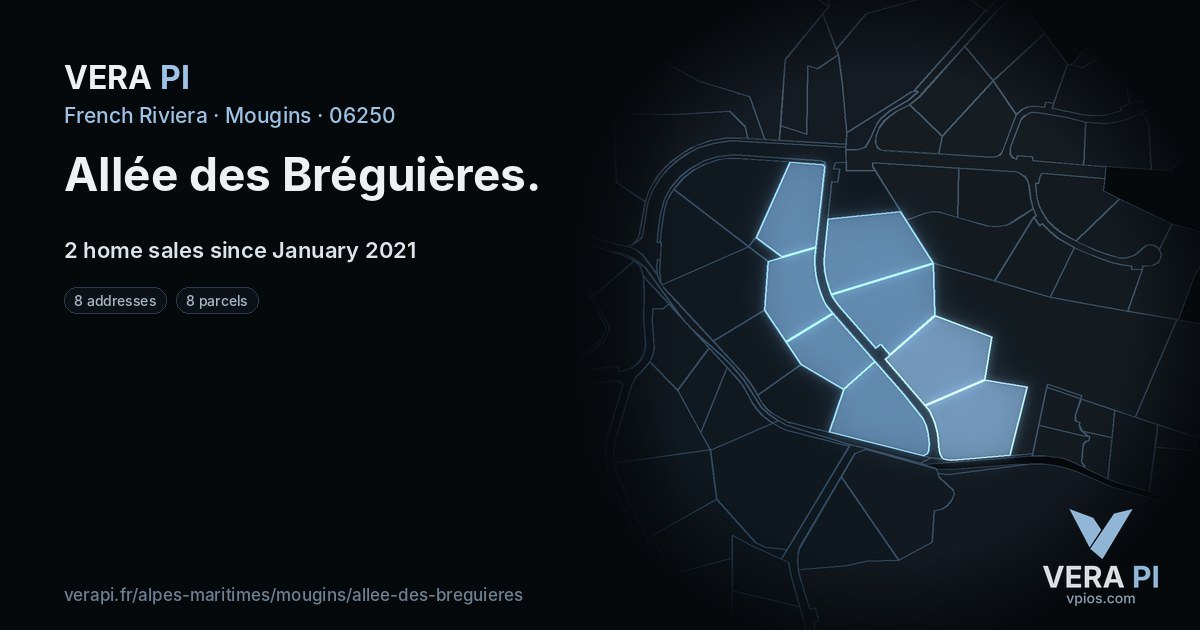 Allée des Bréguières, Mougins at night – every parcel coloured by the prices around it, the street's own parcels lit