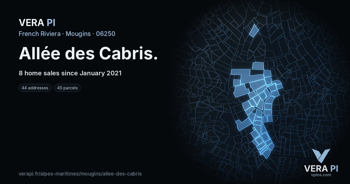 Allée des Cabris, Mougins at night – every parcel coloured by the prices around it, the street's own parcels lit