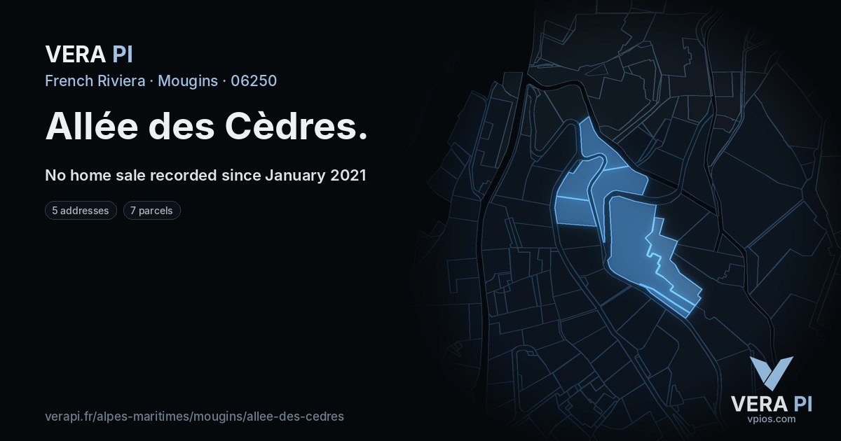 Allée des Cèdres, Mougins at night – every parcel coloured by the prices around it, the street's own parcels lit