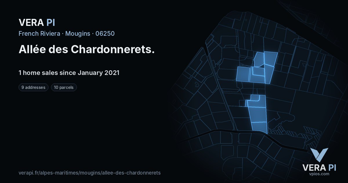 Allée des Chardonnerets, Mougins at night – every parcel coloured by the prices around it, the street's own parcels lit
