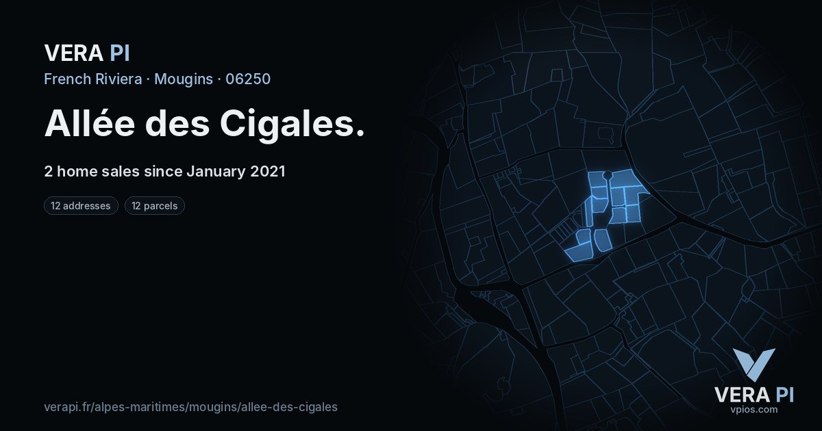Allée des Cigales, Mougins at night – every parcel coloured by the prices around it, the street's own parcels lit