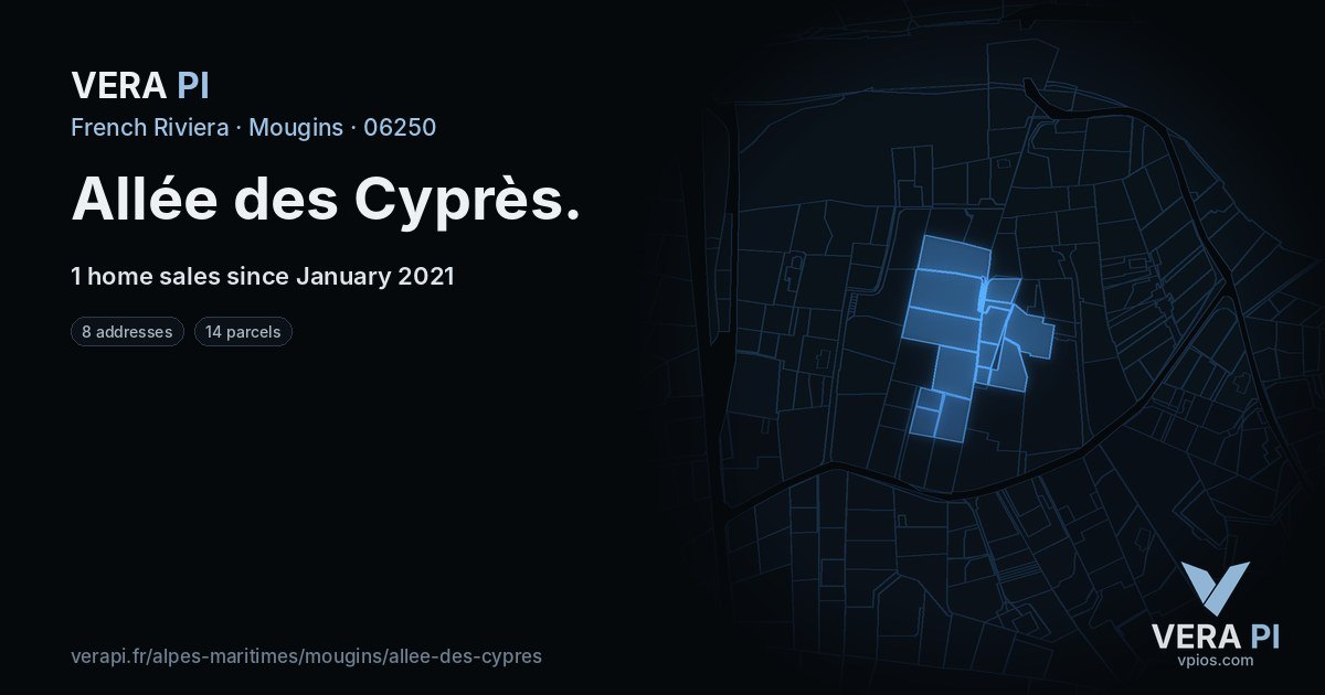 Allée des Cyprès, Mougins at night – every parcel coloured by the prices around it, the street's own parcels lit