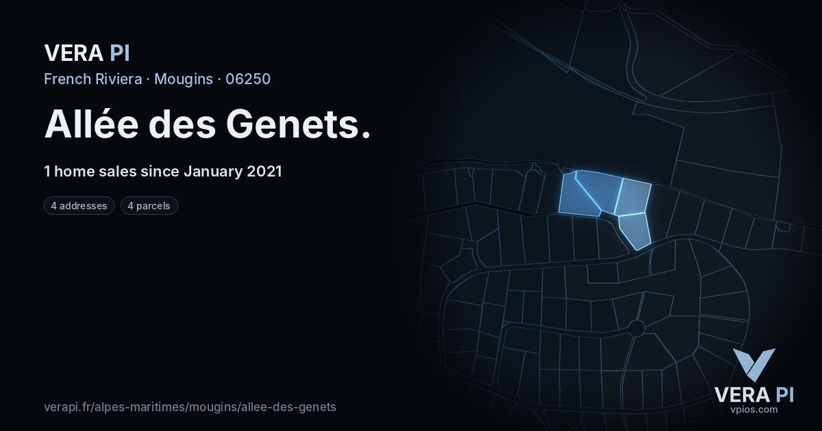 Allée des Genets, Mougins at night – every parcel coloured by the prices around it, the street's own parcels lit