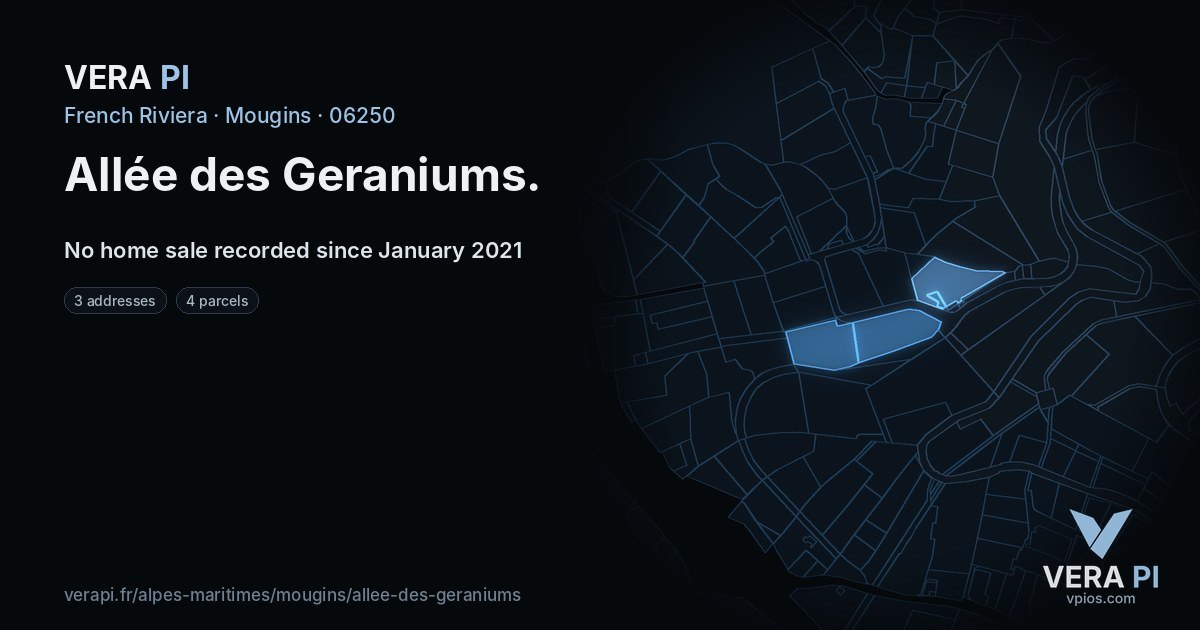 Allée des Geraniums, Mougins at night – every parcel coloured by the prices around it, the street's own parcels lit