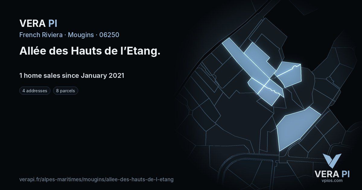 Allée des Hauts de l’Etang, Mougins at night – every parcel coloured by the prices around it, the street's own parcels lit