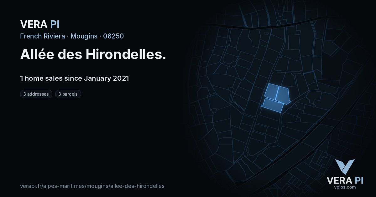 Allée des Hirondelles, Mougins at night – every parcel coloured by the prices around it, the street's own parcels lit
