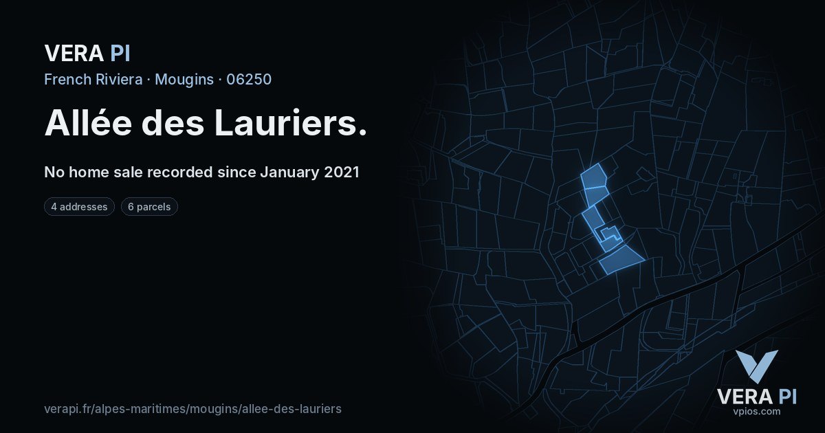 Allée des Lauriers, Mougins at night – every parcel coloured by the prices around it, the street's own parcels lit