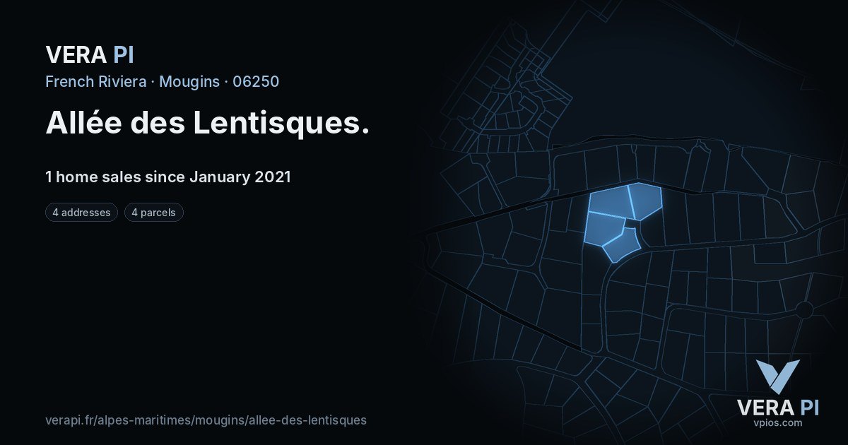Allée des Lentisques, Mougins at night – every parcel coloured by the prices around it, the street's own parcels lit