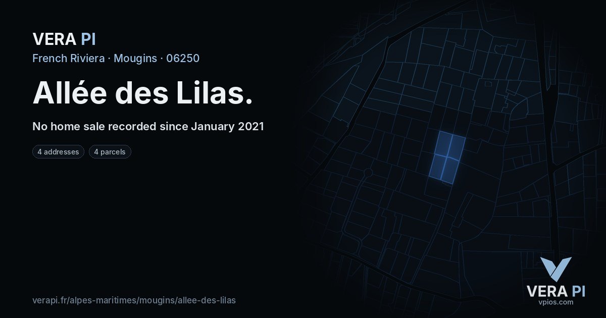 Allée des Lilas, Mougins at night – every parcel coloured by the prices around it, the street's own parcels lit