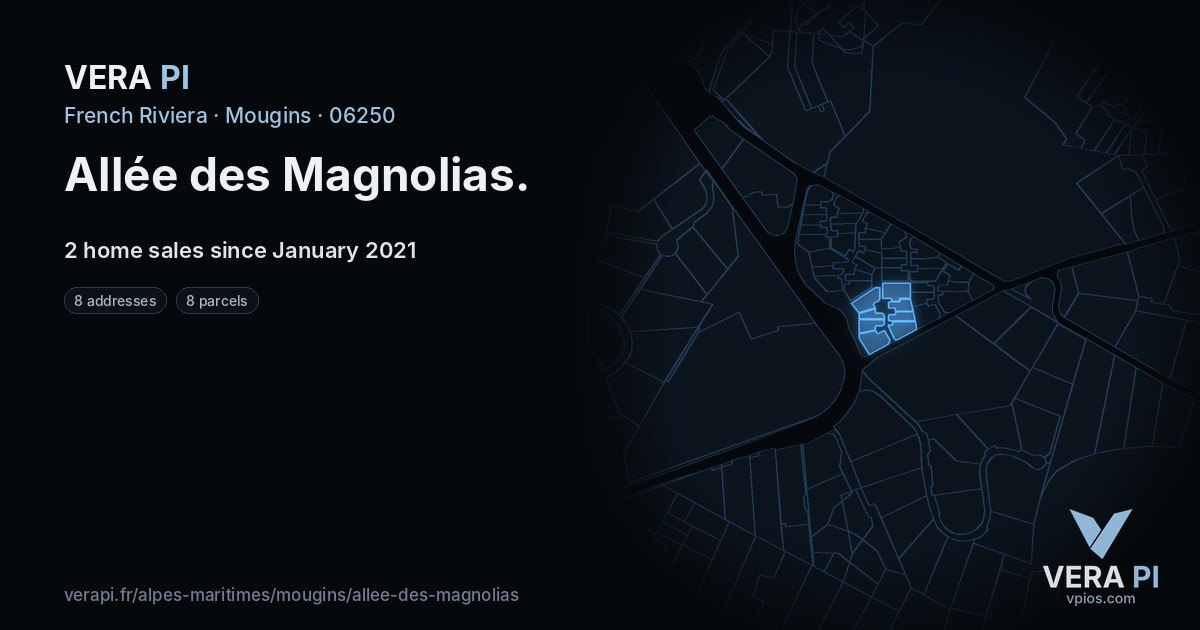 Allée des Magnolias, Mougins at night – every parcel coloured by the prices around it, the street's own parcels lit