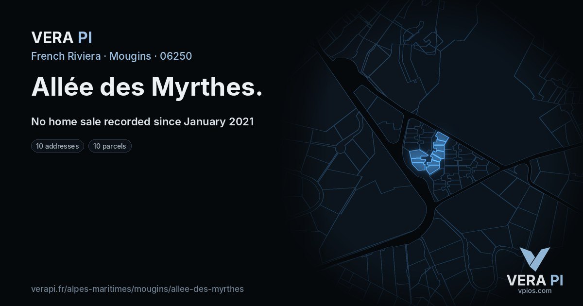 Allée des Myrthes, Mougins at night – every parcel coloured by the prices around it, the street's own parcels lit