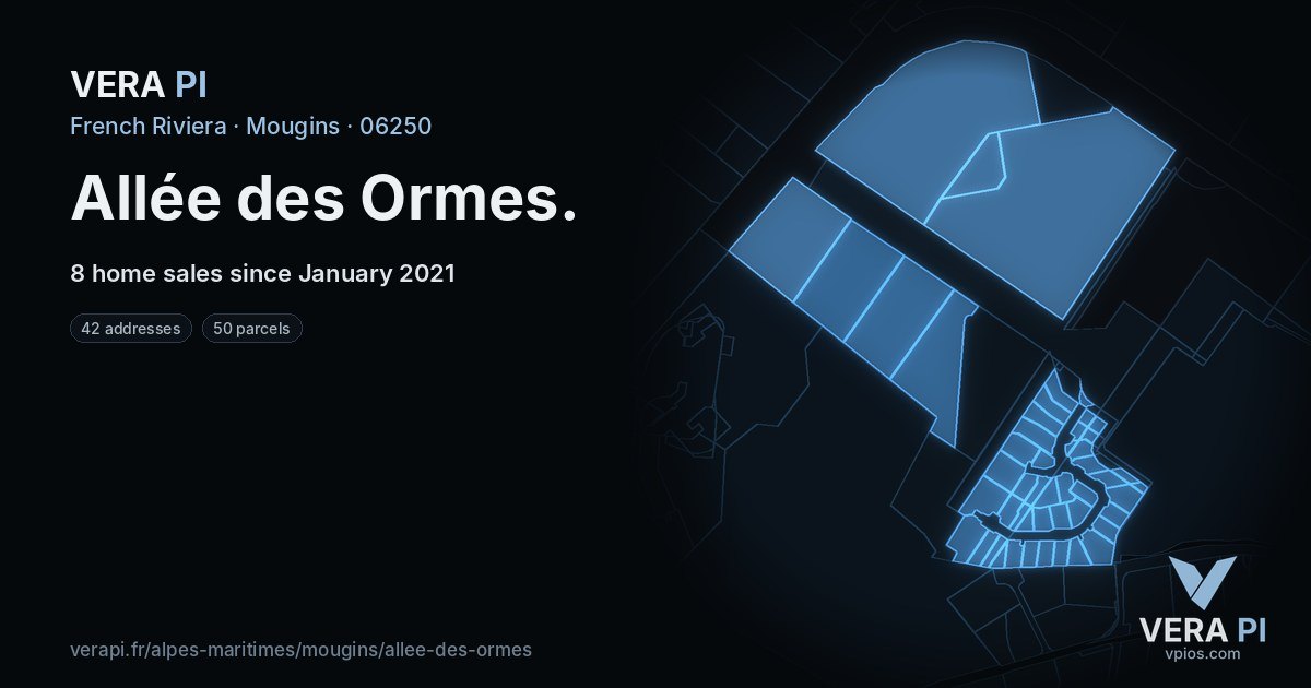 Allée des Ormes, Mougins at night – every parcel coloured by the prices around it, the street's own parcels lit