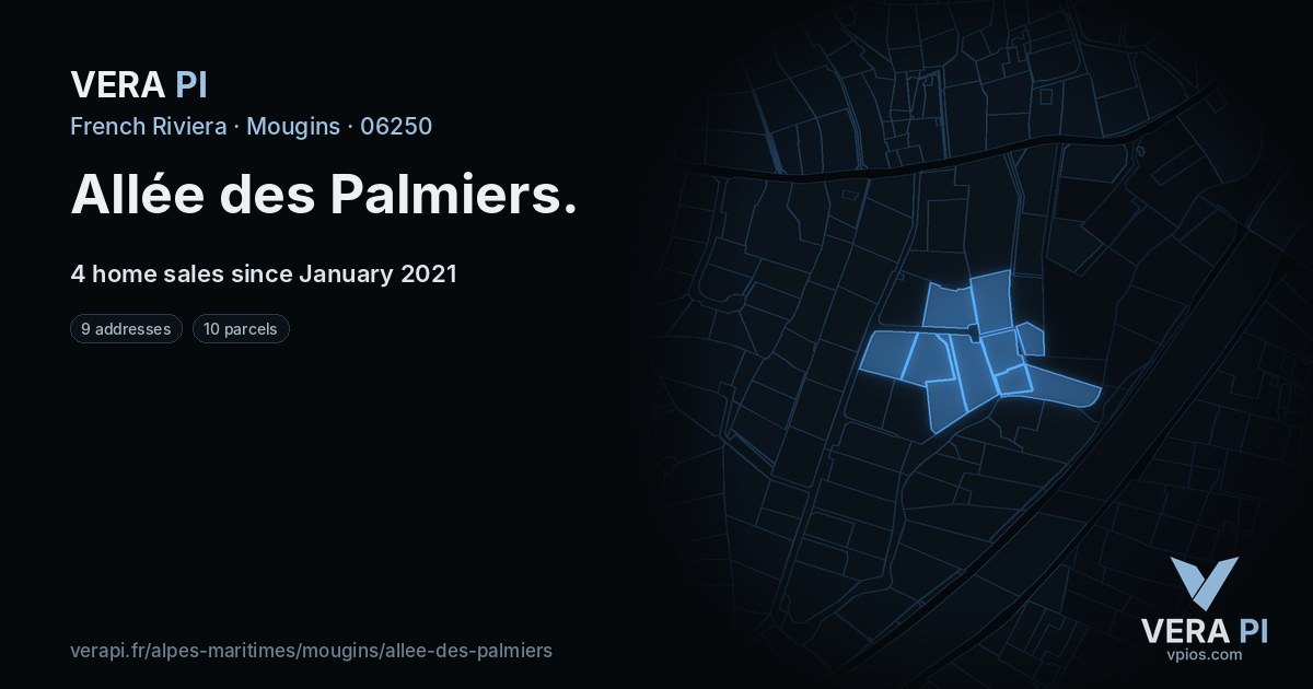 Allée des Palmiers, Mougins at night – every parcel coloured by the prices around it, the street's own parcels lit