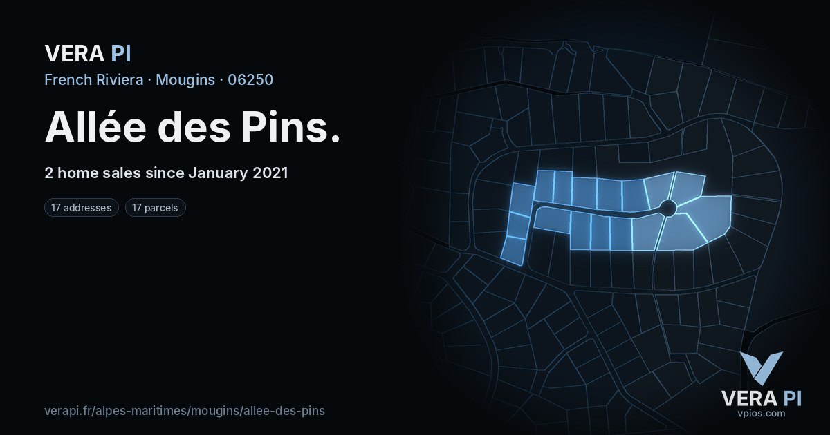 Allée des Pins, Mougins at night – every parcel coloured by the prices around it, the street's own parcels lit