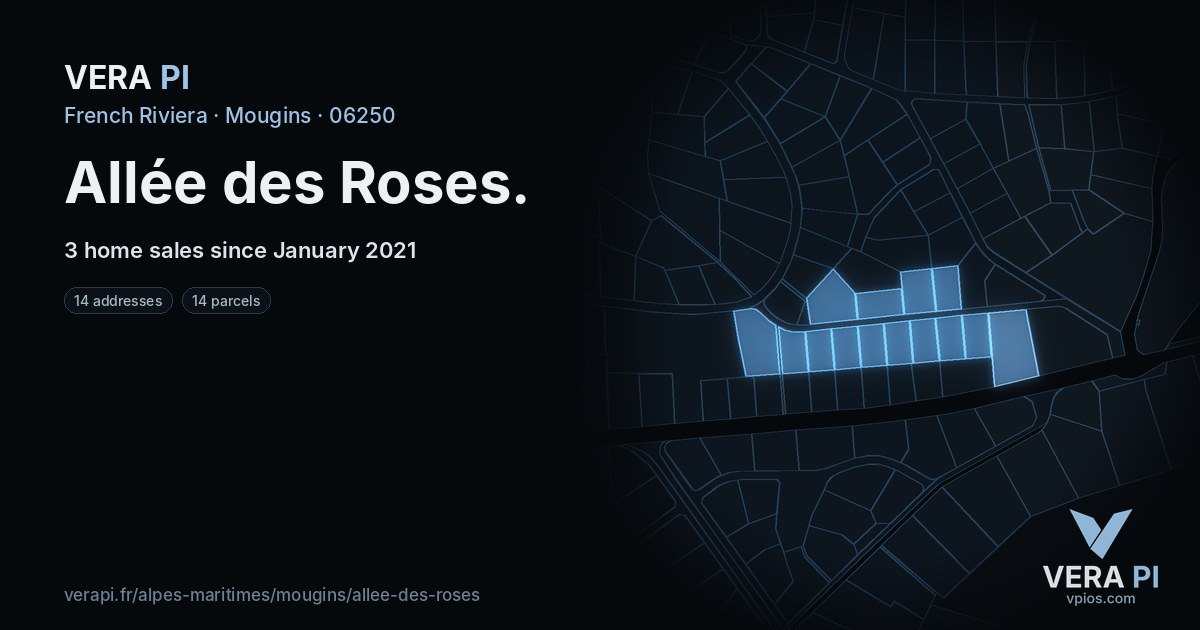 Allée des Roses, Mougins at night – every parcel coloured by the prices around it, the street's own parcels lit