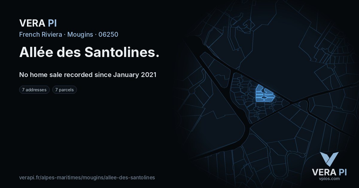 Allée des Santolines, Mougins at night – every parcel coloured by the prices around it, the street's own parcels lit