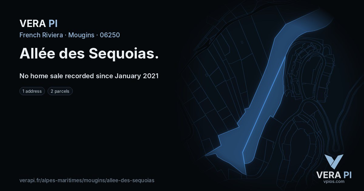 Allée des Sequoias, Mougins at night – every parcel coloured by the prices around it, the street's own parcels lit