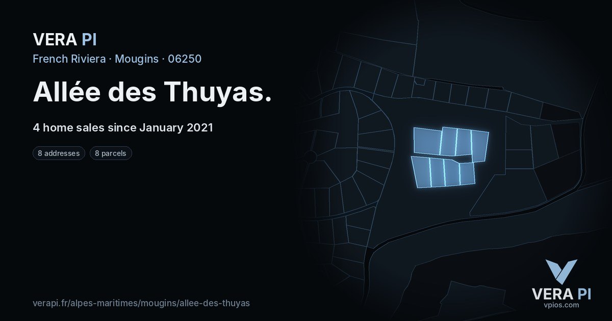 Allée des Thuyas, Mougins at night – every parcel coloured by the prices around it, the street's own parcels lit