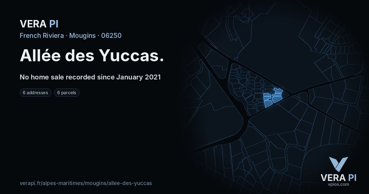 Allée des Yuccas, Mougins at night – every parcel coloured by the prices around it, the street's own parcels lit