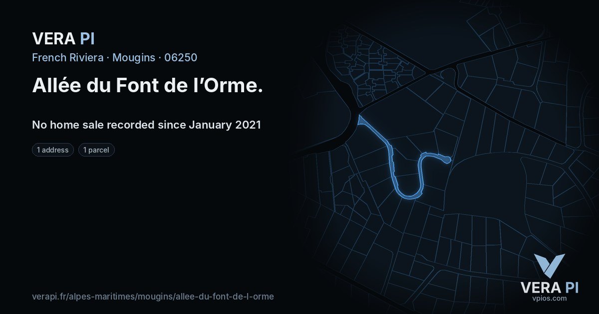 Allée du Font de l’Orme, Mougins at night – every parcel coloured by the prices around it, the street's own parcels lit