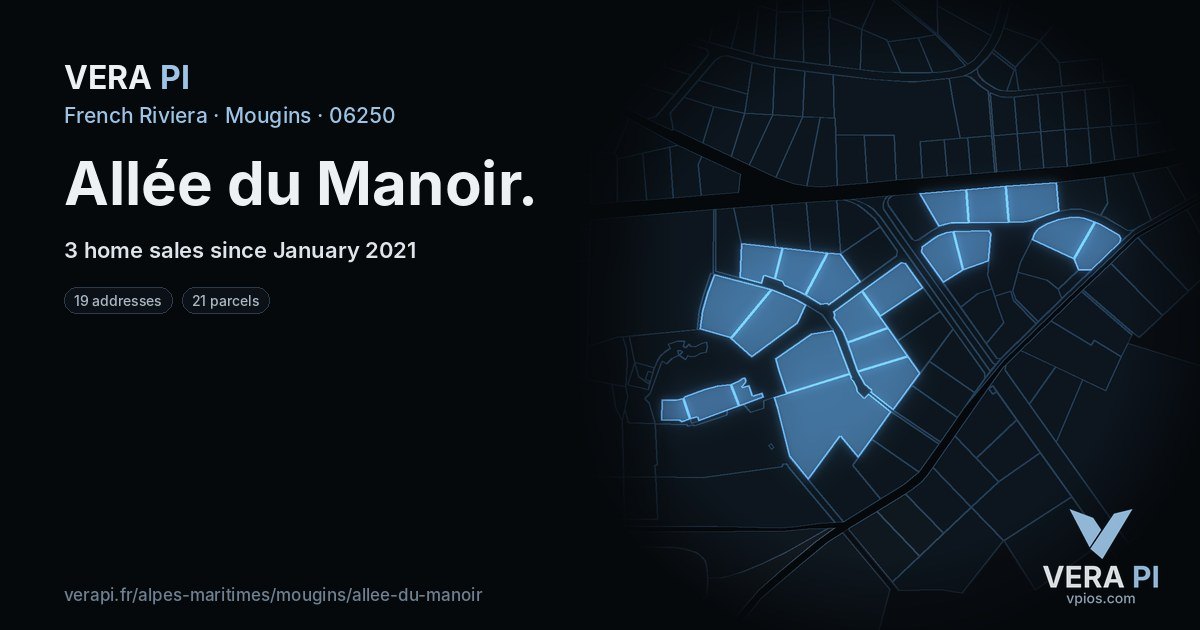 Allée du Manoir, Mougins at night – every parcel coloured by the prices around it, the street's own parcels lit