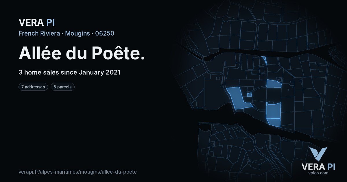 Allée du Poête, Mougins at night – every parcel coloured by the prices around it, the street's own parcels lit