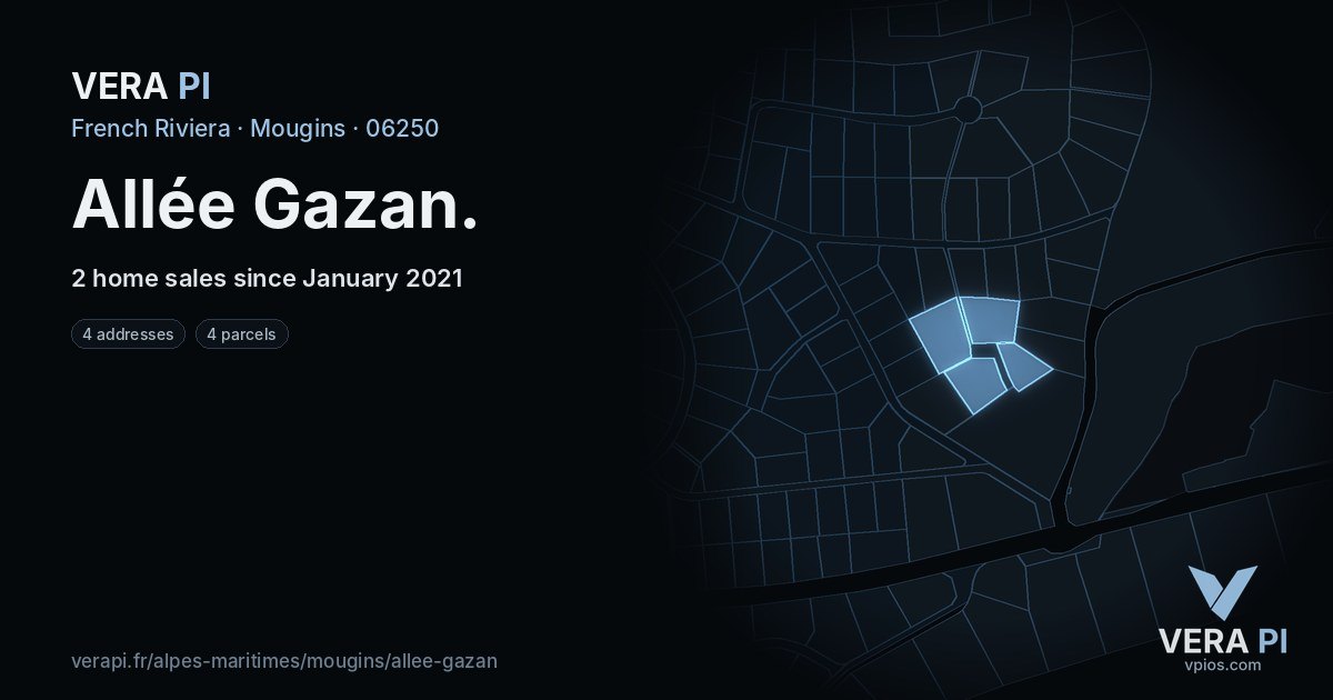 Allée Gazan, Mougins at night – every parcel coloured by the prices around it, the street's own parcels lit