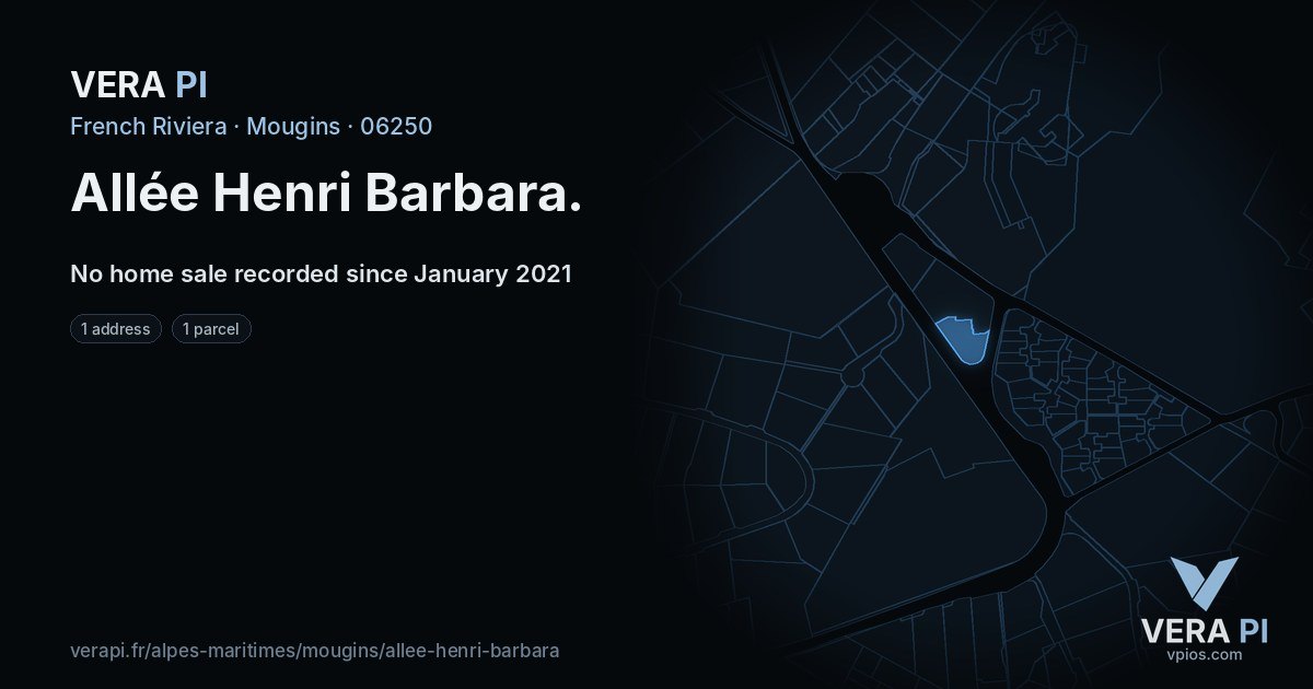 Allée Henri Barbara, Mougins at night – every parcel coloured by the prices around it, the street's own parcels lit