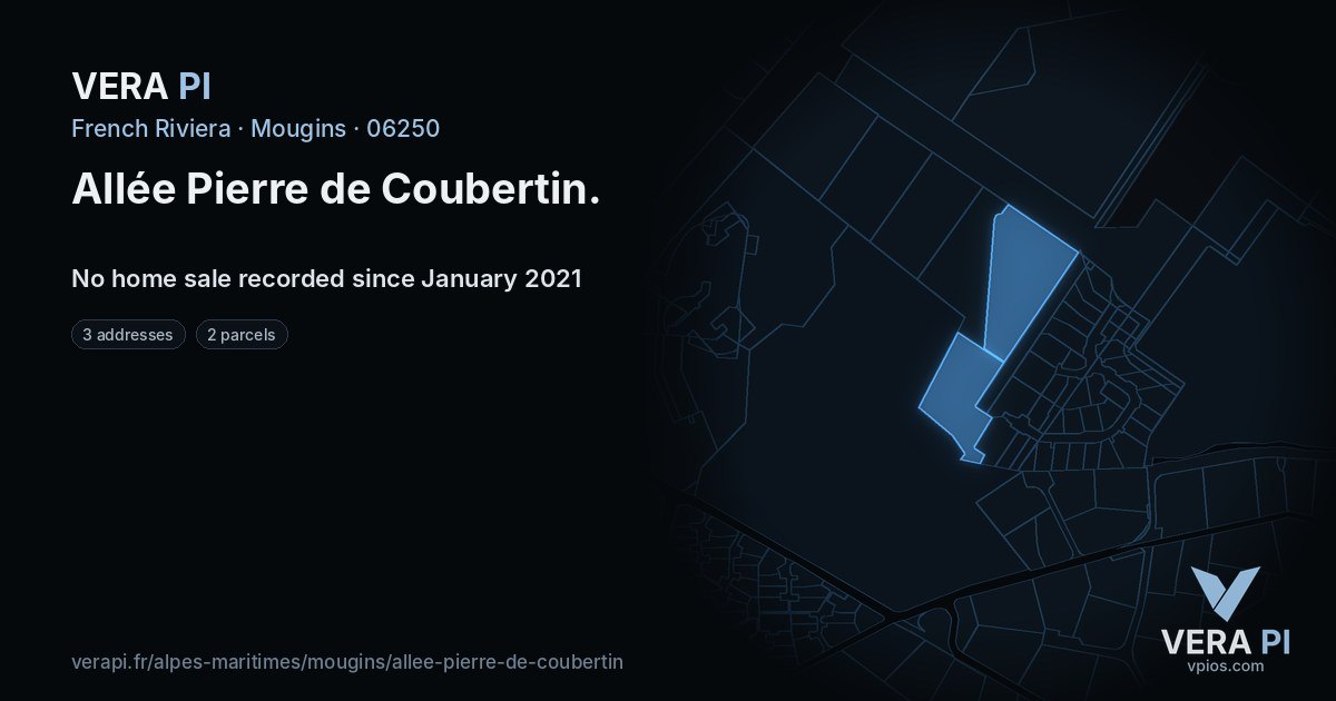 Allée Pierre de Coubertin, Mougins at night – every parcel coloured by the prices around it, the street's own parcels lit