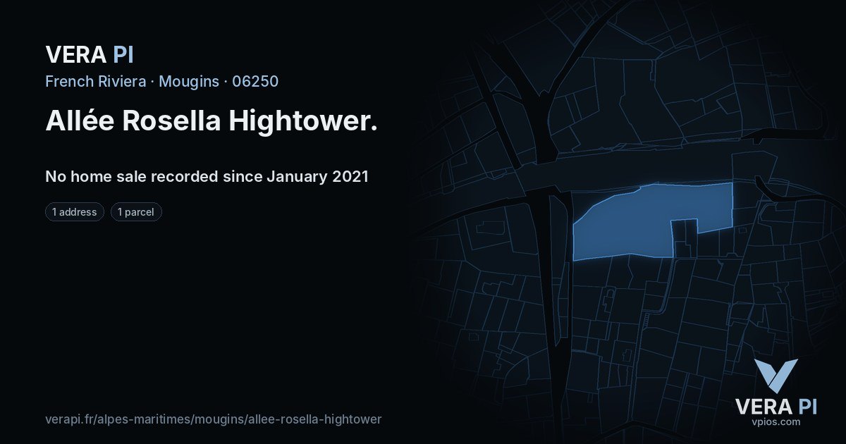 Allée Rosella Hightower, Mougins at night – every parcel coloured by the prices around it, the street's own parcels lit