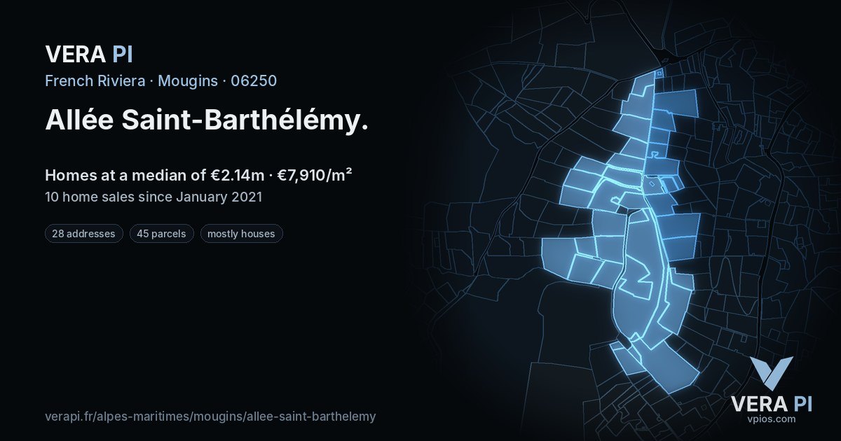 Allée Saint-Barthélémy, Mougins at night – every parcel coloured by the prices around it, the street's own parcels lit