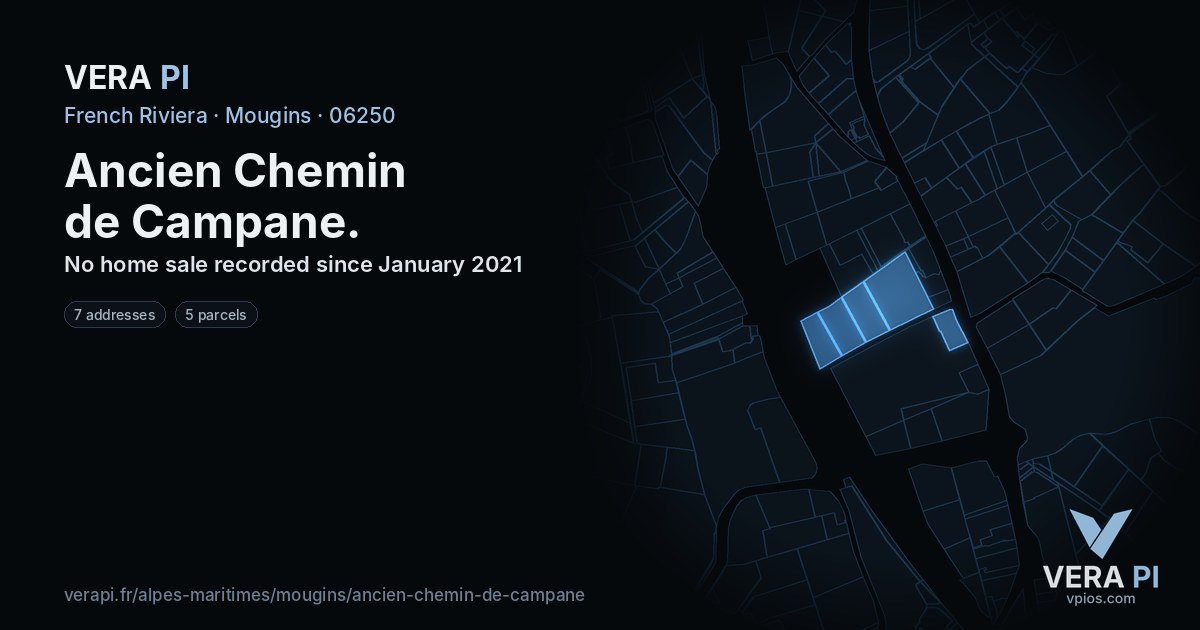 Ancien Chemin de Campane, Mougins at night – every parcel coloured by the prices around it, the street's own parcels lit