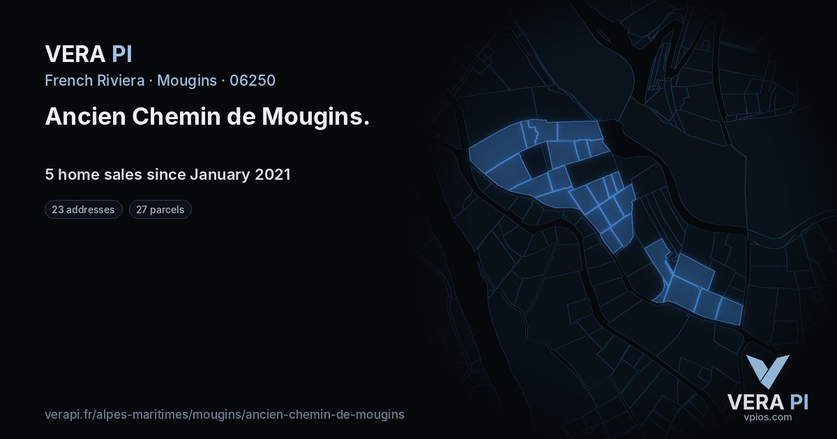 Ancien Chemin de Mougins, Mougins at night – every parcel coloured by the prices around it, the street's own parcels lit