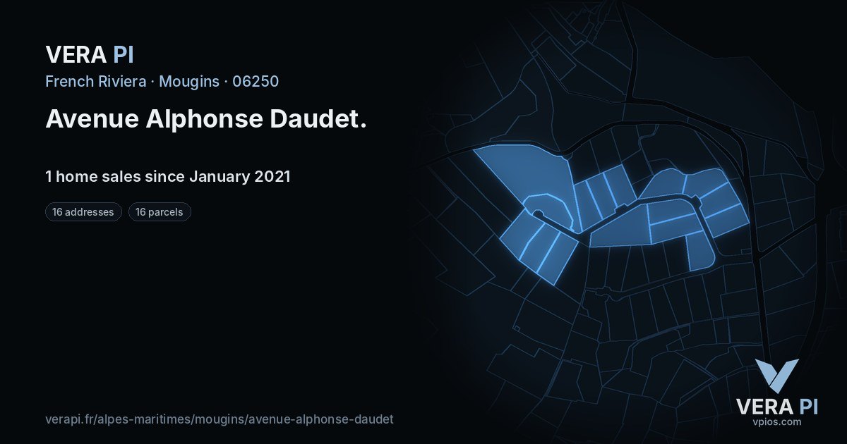 Avenue Alphonse Daudet, Mougins at night – every parcel coloured by the prices around it, the street's own parcels lit