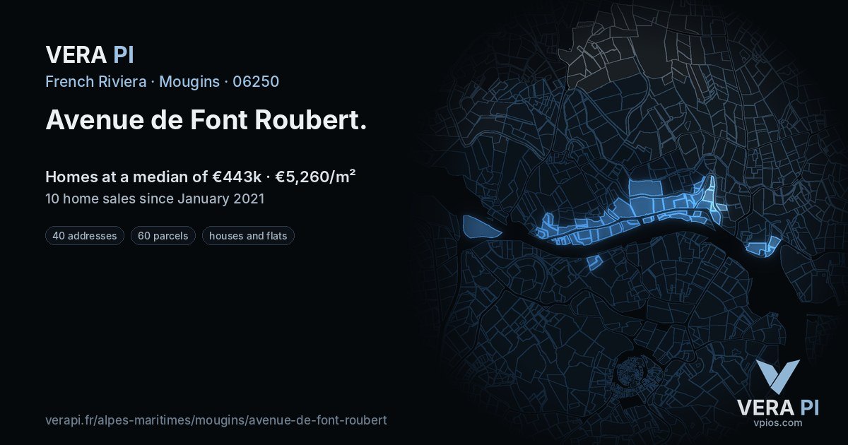 Avenue de Font Roubert, Mougins at night – every parcel coloured by the prices around it, the street's own parcels lit