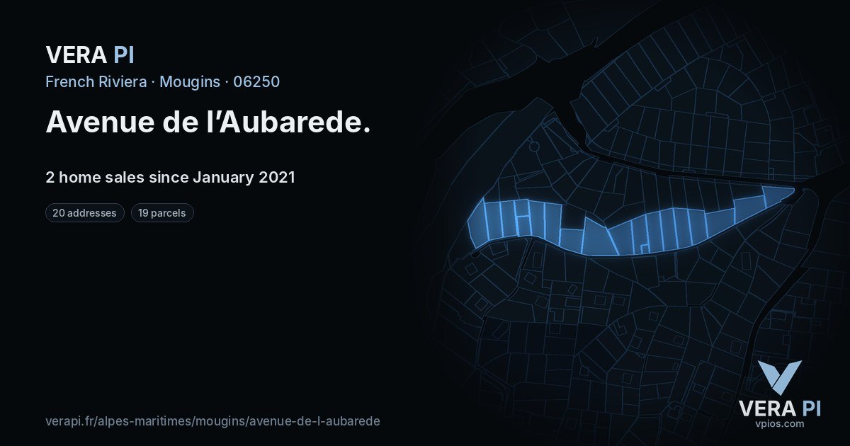 Avenue de l’Aubarede, Mougins at night – every parcel coloured by the prices around it, the street's own parcels lit