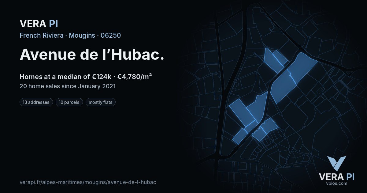 Avenue de l’Hubac, Mougins at night – every parcel coloured by the prices around it, the street's own parcels lit