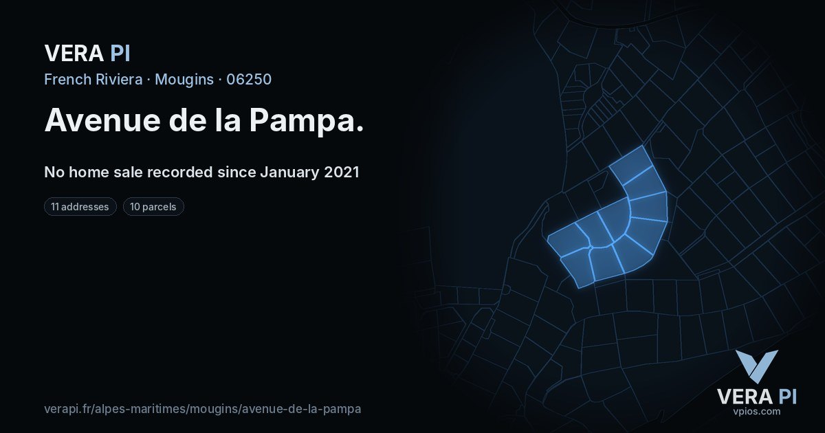 Avenue de la Pampa, Mougins at night – every parcel coloured by the prices around it, the street's own parcels lit