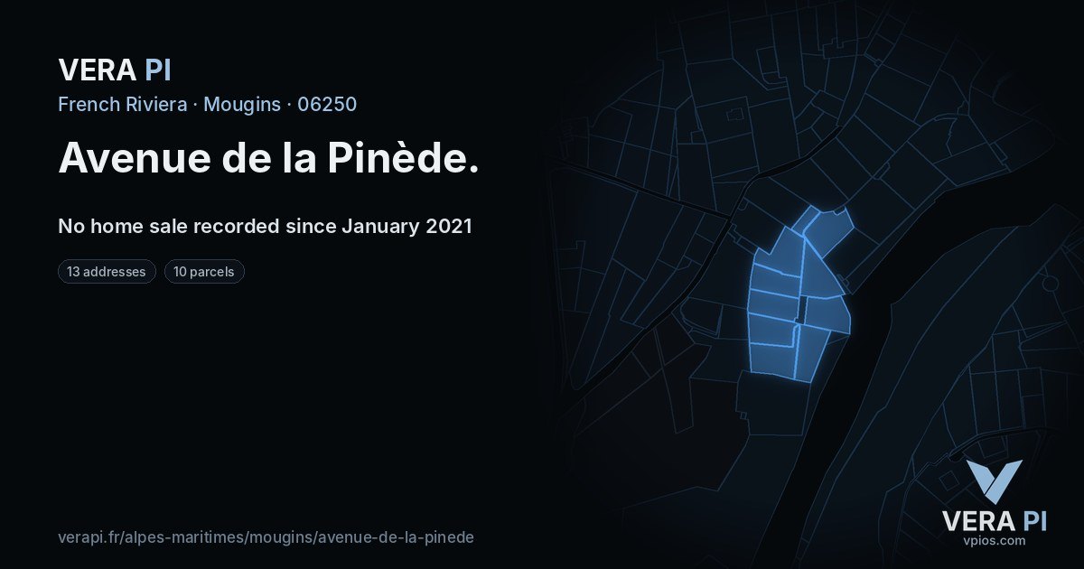 Avenue de la Pinède, Mougins at night – every parcel coloured by the prices around it, the street's own parcels lit