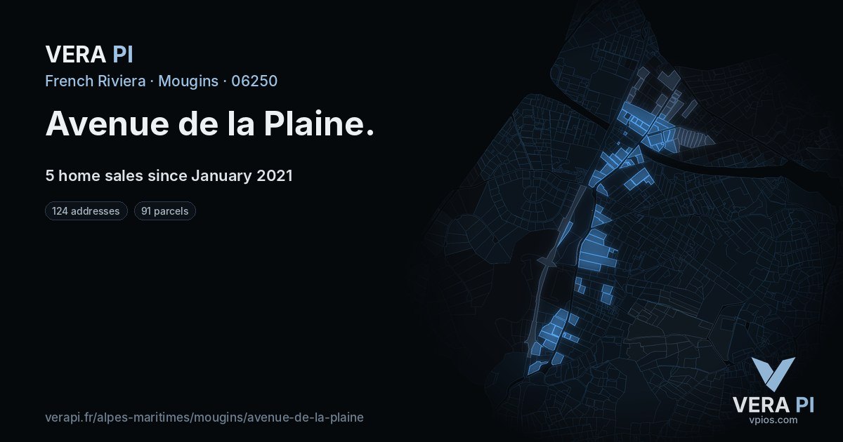 Avenue de la Plaine, Mougins at night – every parcel coloured by the prices around it, the street's own parcels lit