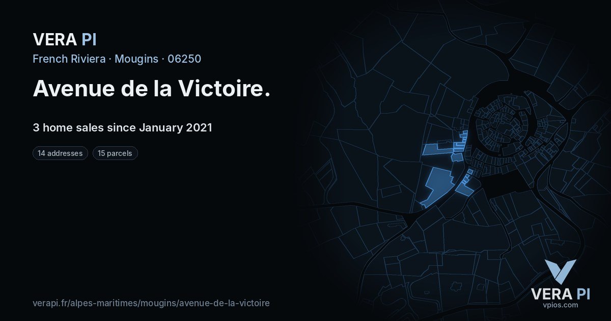 Avenue de la Victoire, Mougins at night – every parcel coloured by the prices around it, the street's own parcels lit