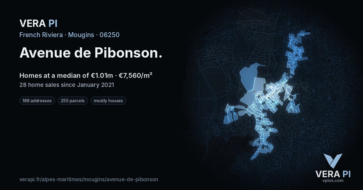 Avenue de Pibonson, Mougins at night – every parcel coloured by the prices around it, the street's own parcels lit