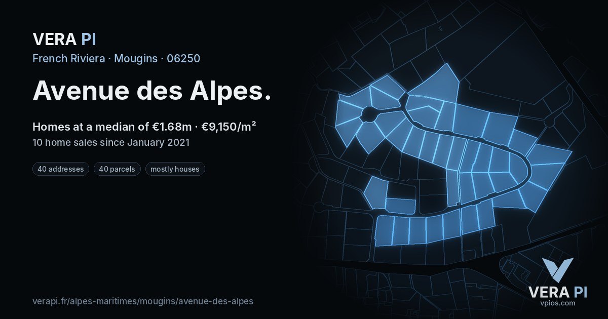 Avenue des Alpes, Mougins at night – every parcel coloured by the prices around it, the street's own parcels lit