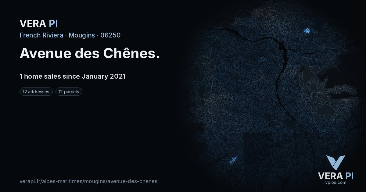 Avenue des Chênes, Mougins at night – every parcel coloured by the prices around it, the street's own parcels lit