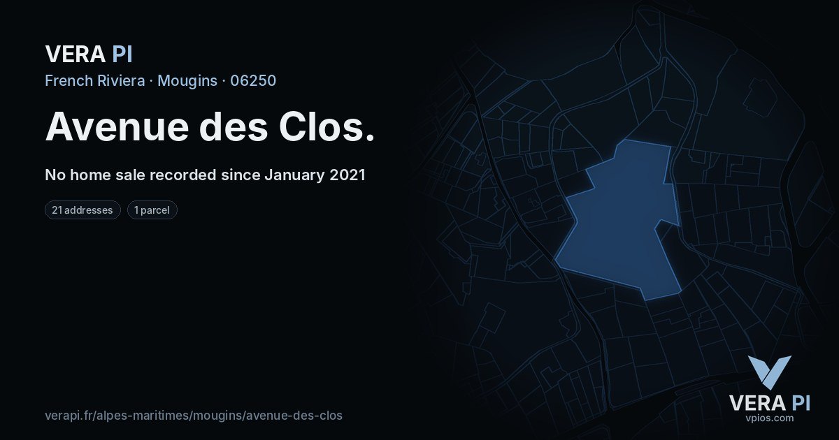 Avenue des Clos, Mougins at night – every parcel coloured by the prices around it, the street's own parcels lit