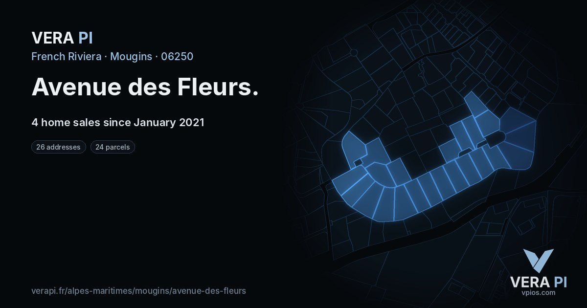 Avenue des Fleurs, Mougins at night – every parcel coloured by the prices around it, the street's own parcels lit