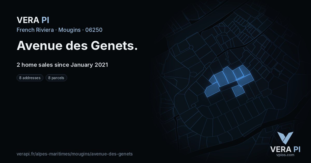 Avenue des Genets, Mougins at night – every parcel coloured by the prices around it, the street's own parcels lit
