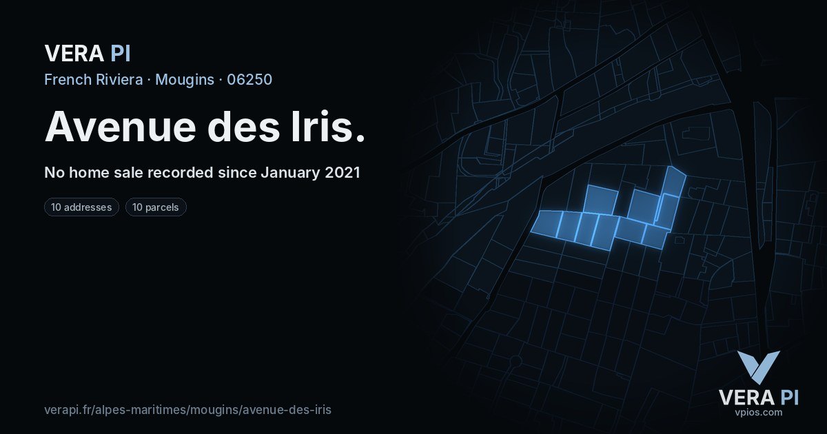Avenue des Iris, Mougins at night – every parcel coloured by the prices around it, the street's own parcels lit