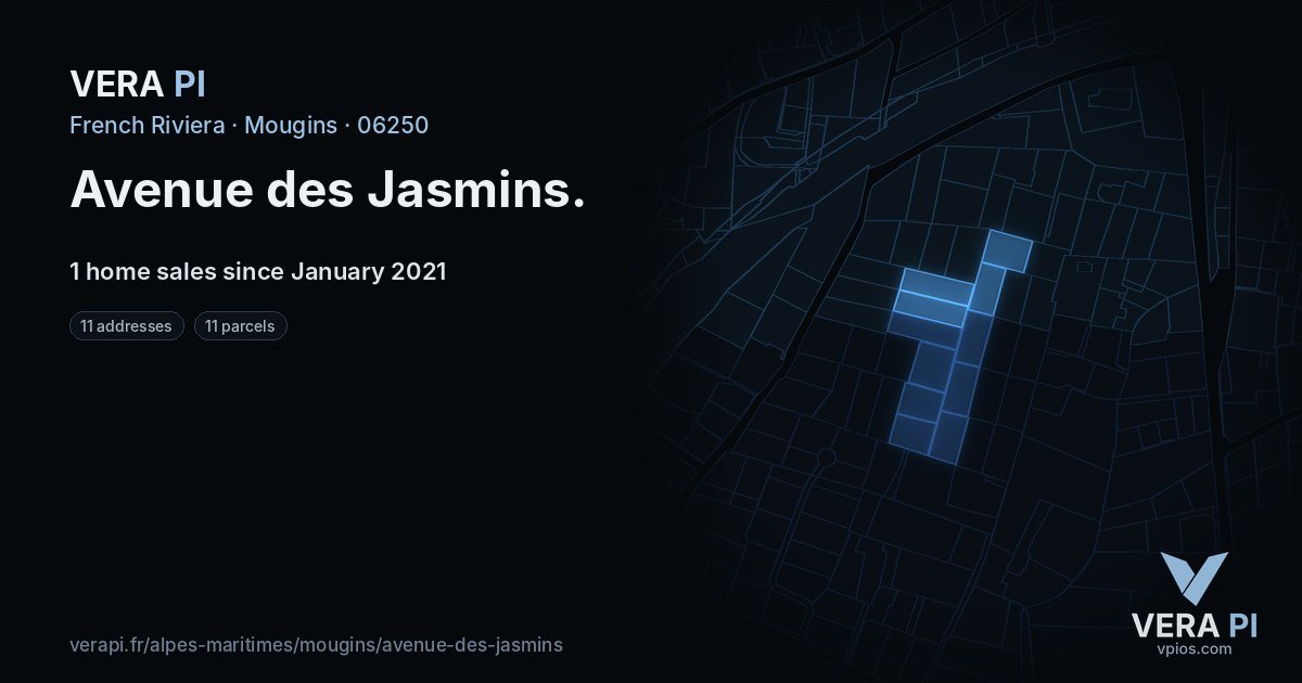 Avenue des Jasmins, Mougins at night – every parcel coloured by the prices around it, the street's own parcels lit